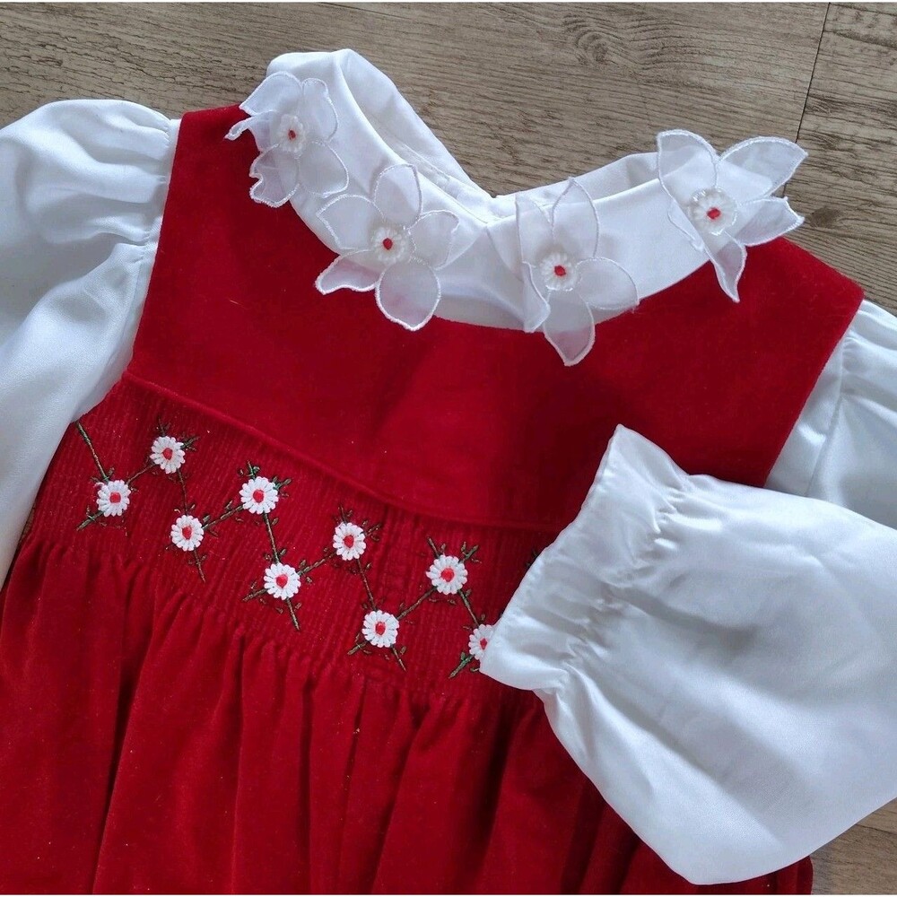 VTG 90s B.T. Kids Red Velvet Romper Jumpsuit 24M Floral Daisy Applique Ruffle